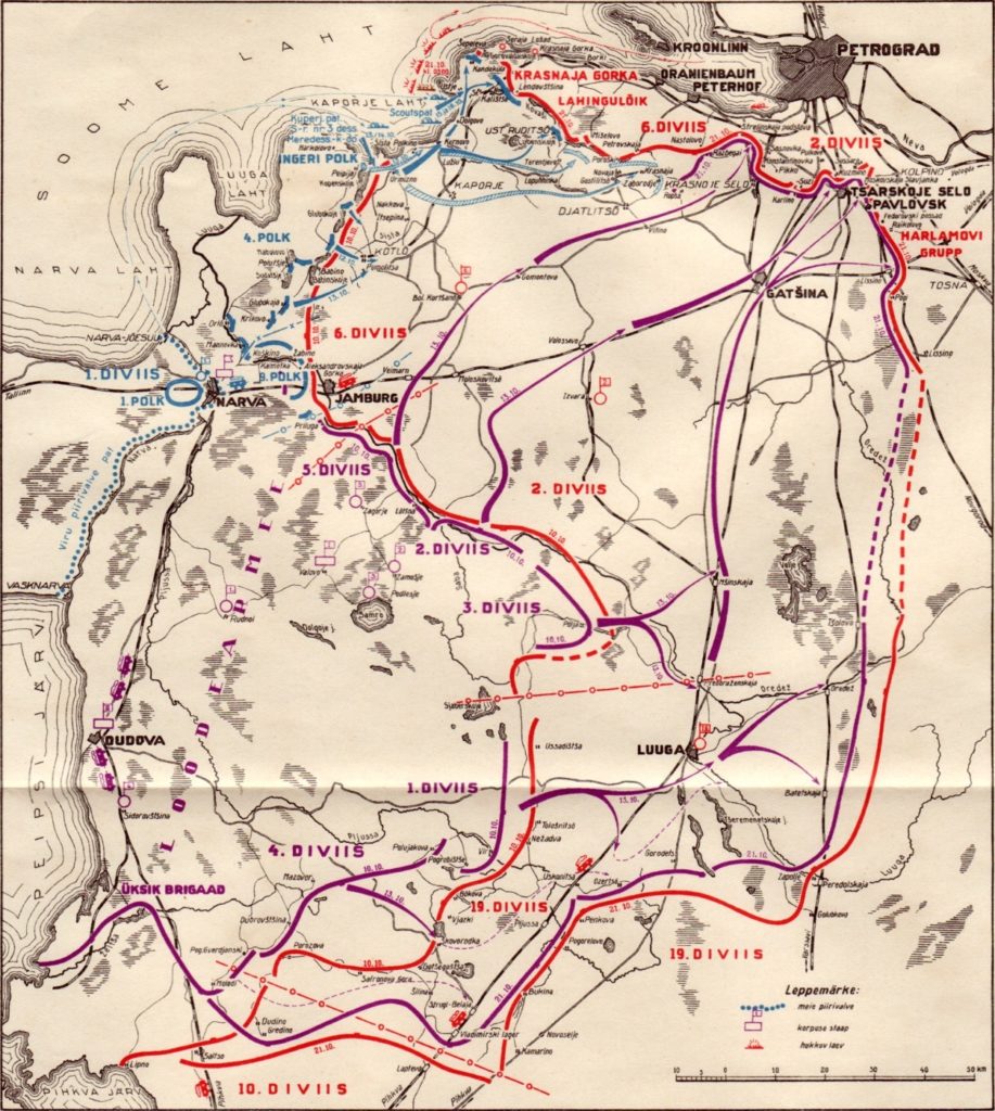 Схема наступления Северо-Западной армии (фиолетовый цвет) и частей эстонской армии (синий цвет) на Петроград в октябре 1919 года. 